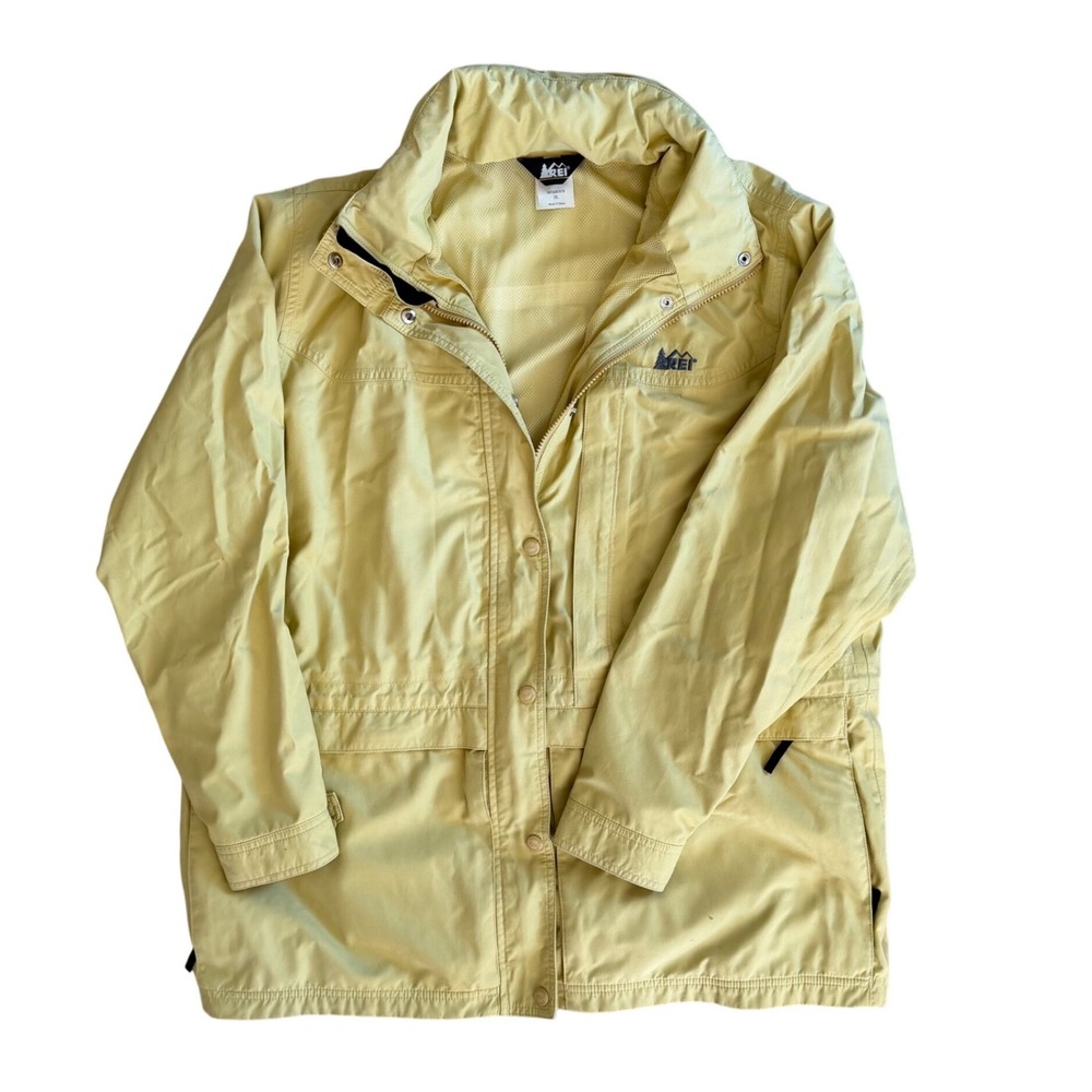 Vintage REI Elements Women XL Pale Yellow Hooded Rain Jacket Mesh Lined